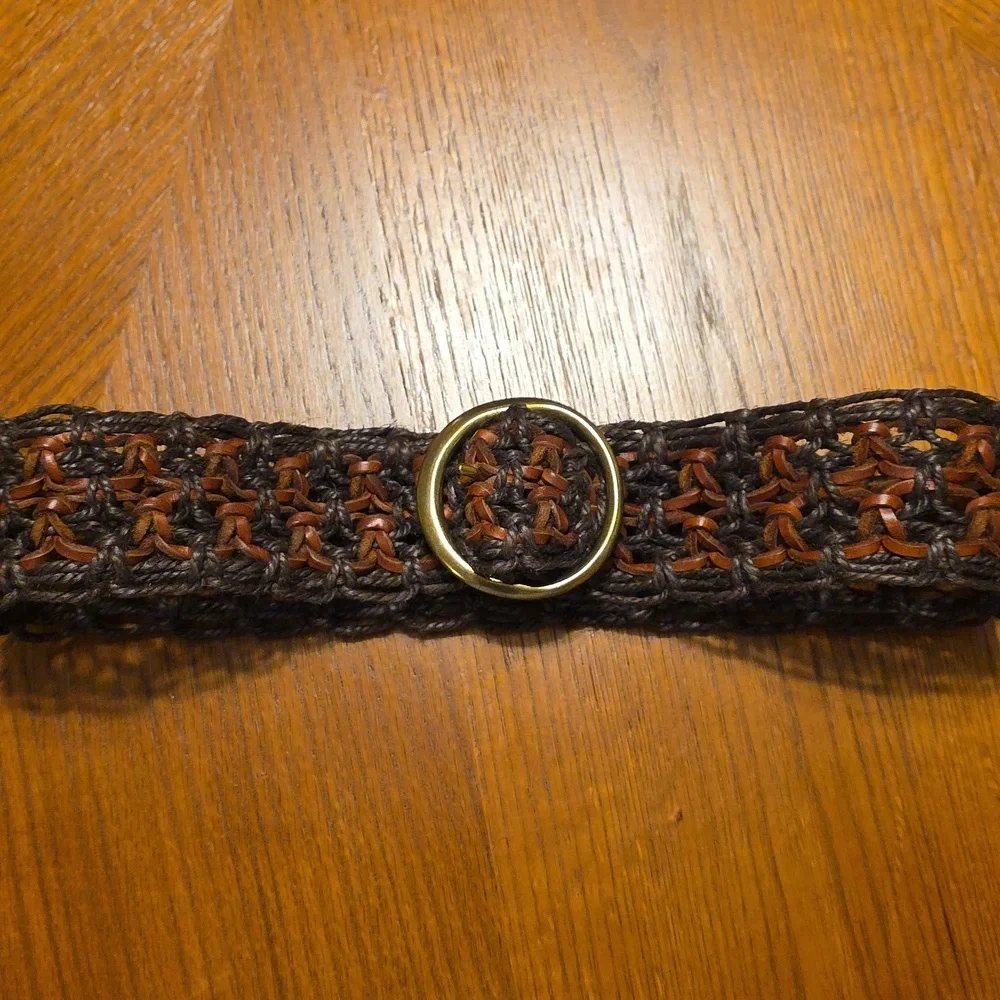 Vintage Woven Brown Macrame and Leather Wide Belt Gold Buckle Fits Up to 32